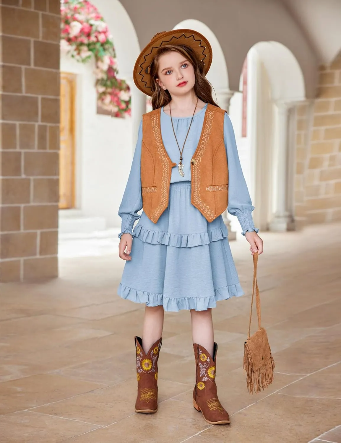 Arshiner Girls Long Sleeve Dress Boho Tiered Ruffle Hem Smocked Waist Midi Dress