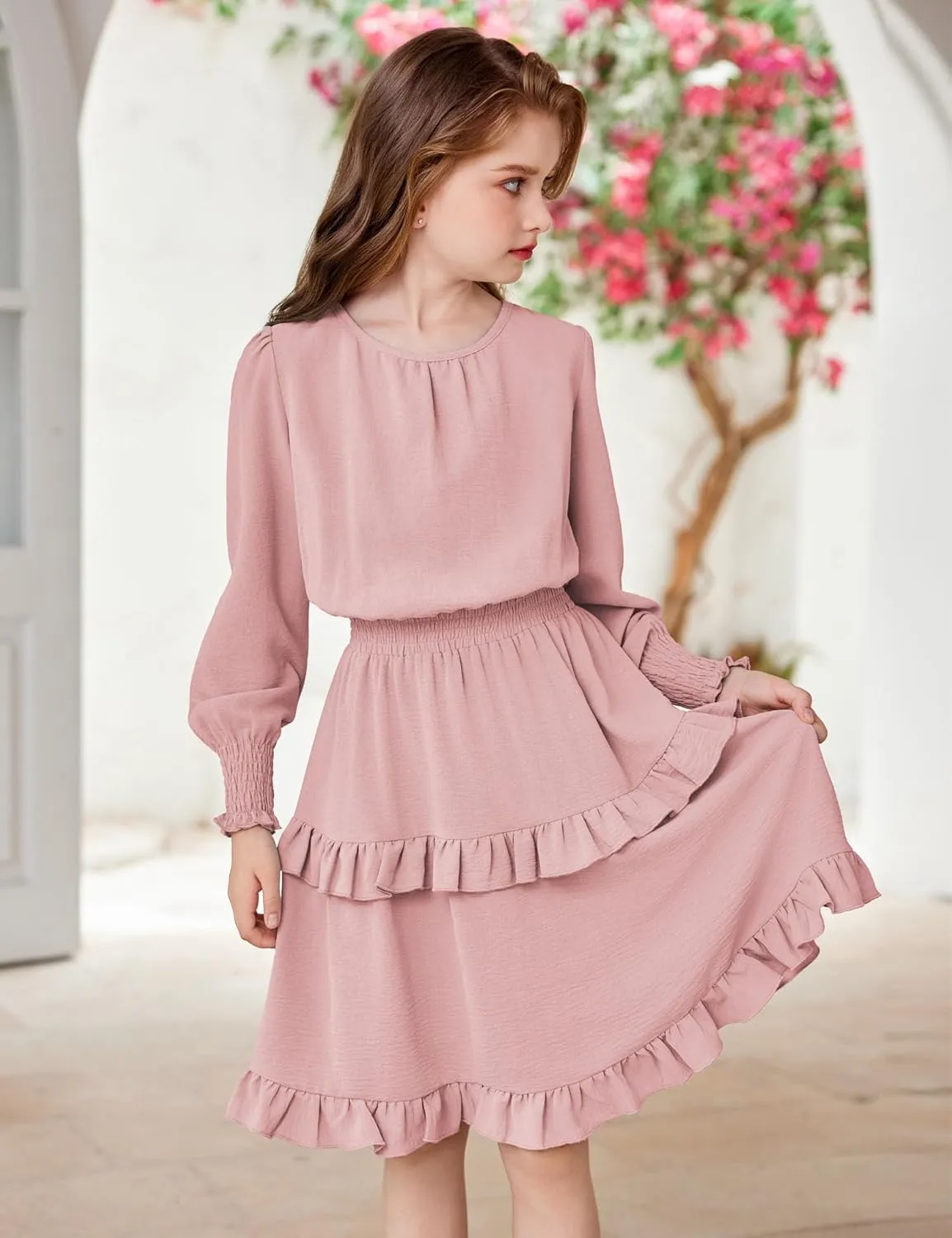 Arshiner Girls Long Sleeve Dress Boho Tiered Ruffle Hem Smocked Waist Midi Dress