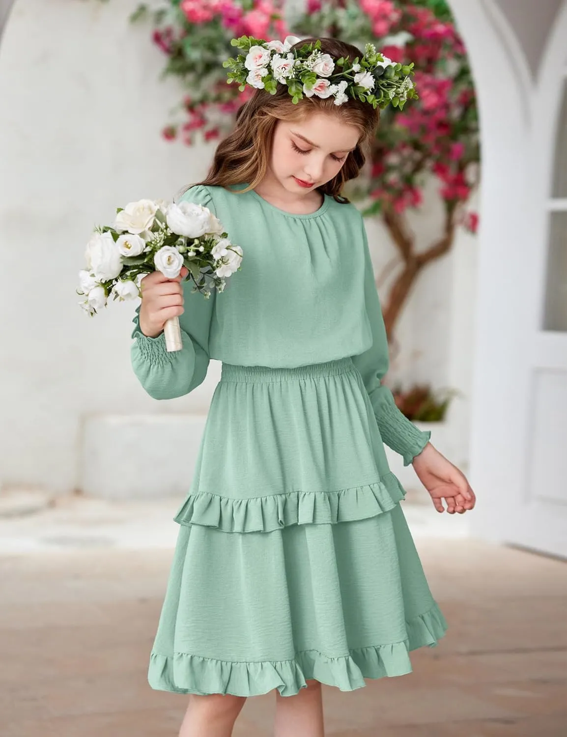Arshiner Girls Long Sleeve Dress Boho Tiered Ruffle Hem Smocked Waist Midi Dress