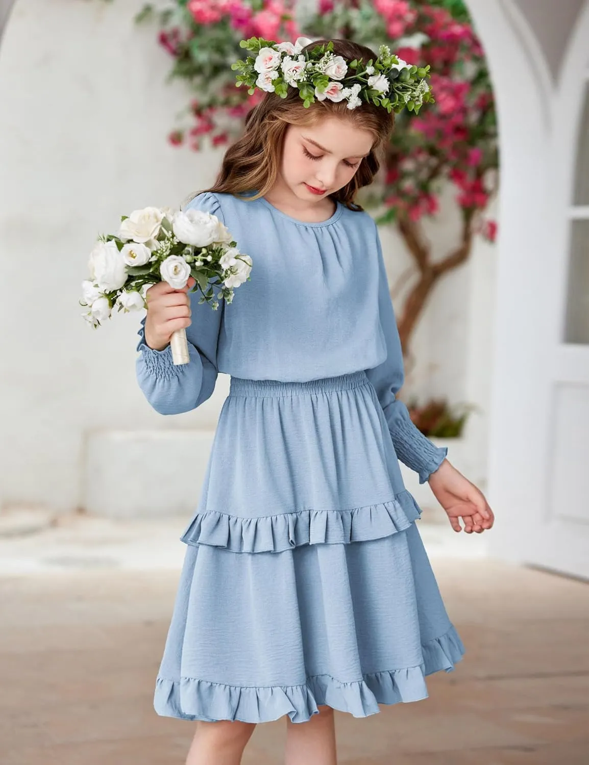 Arshiner Girls Long Sleeve Dress Boho Tiered Ruffle Hem Smocked Waist Midi Dress