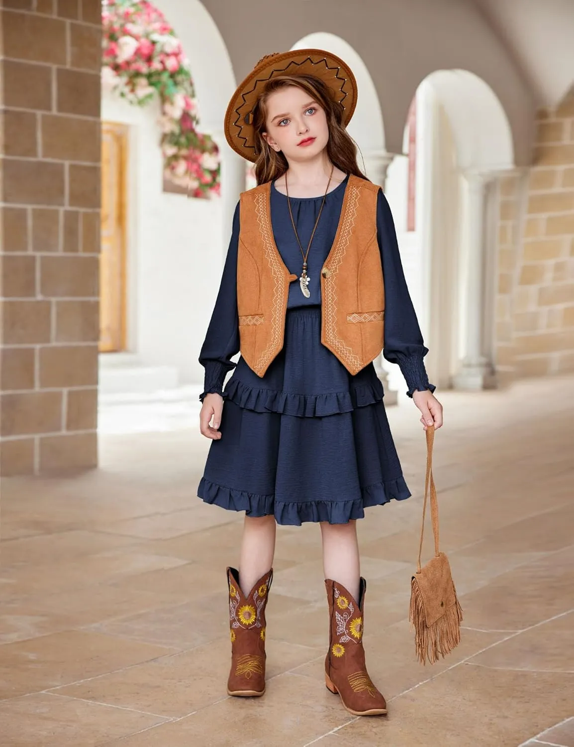 Arshiner Girls Long Sleeve Dress Boho Tiered Ruffle Hem Smocked Waist Midi Dress