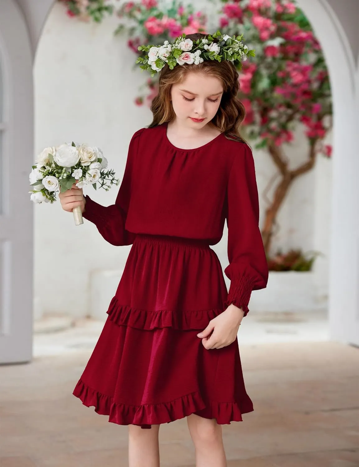Arshiner Girls Long Sleeve Dress Boho Tiered Ruffle Hem Smocked Waist Midi Dress