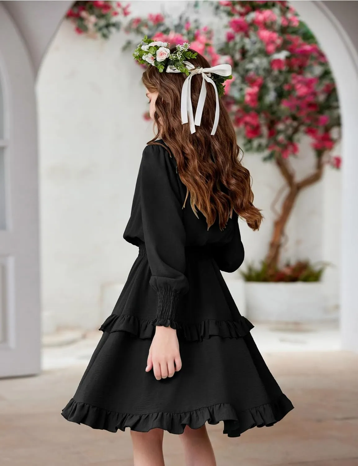 Arshiner Girls Long Sleeve Dress Boho Tiered Ruffle Hem Smocked Waist Midi Dress
