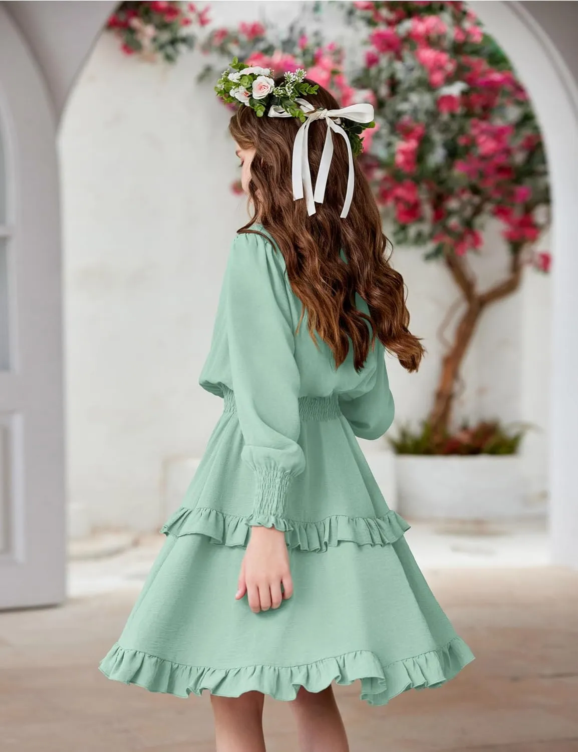 Arshiner Girls Long Sleeve Dress Boho Tiered Ruffle Hem Smocked Waist Midi Dress