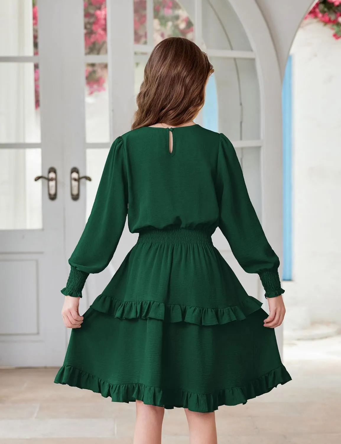 Arshiner Girls Long Sleeve Dress Boho Tiered Ruffle Hem Smocked Waist Midi Dress