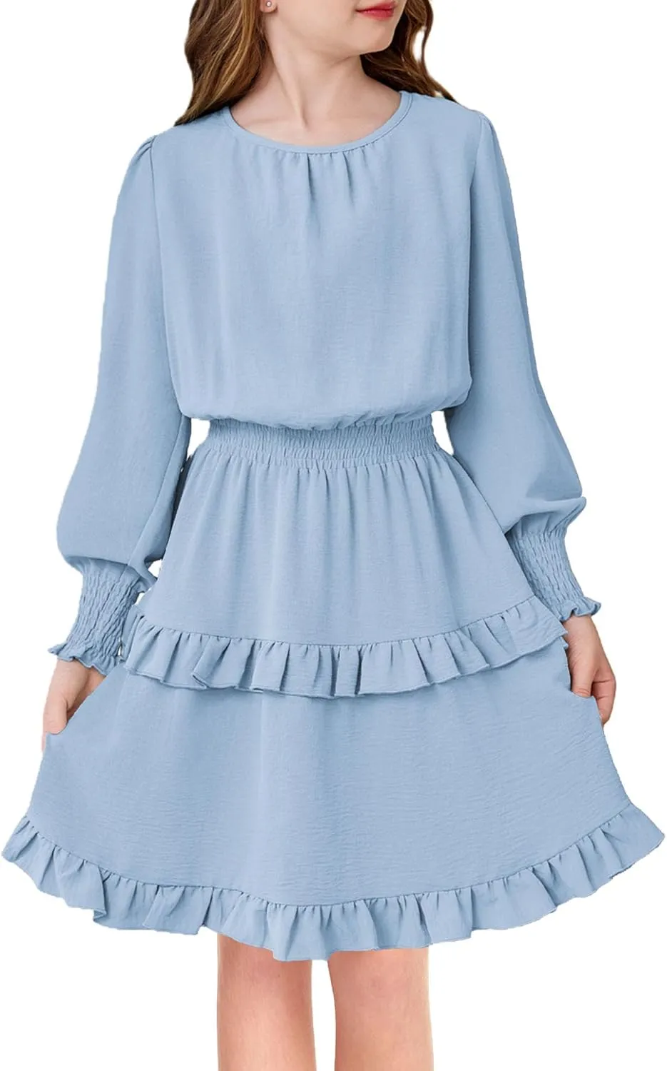 Arshiner Girls Long Sleeve Dress Boho Tiered Ruffle Hem Smocked Waist Midi Dress