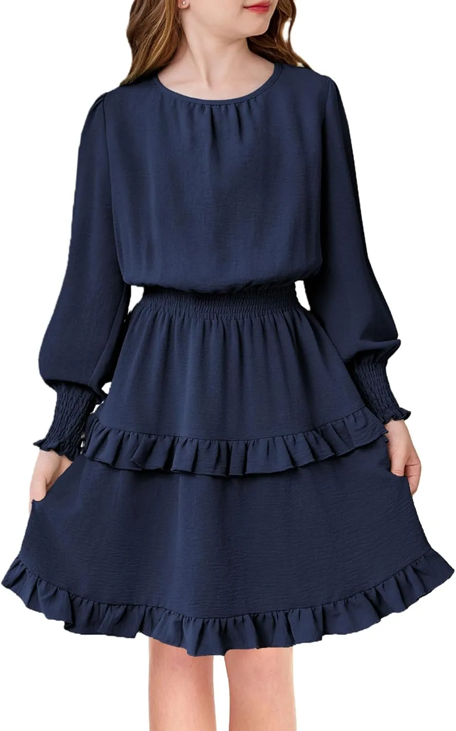 Arshiner Girls Long Sleeve Dress Boho Tiered Ruffle Hem Smocked Waist Midi Dress