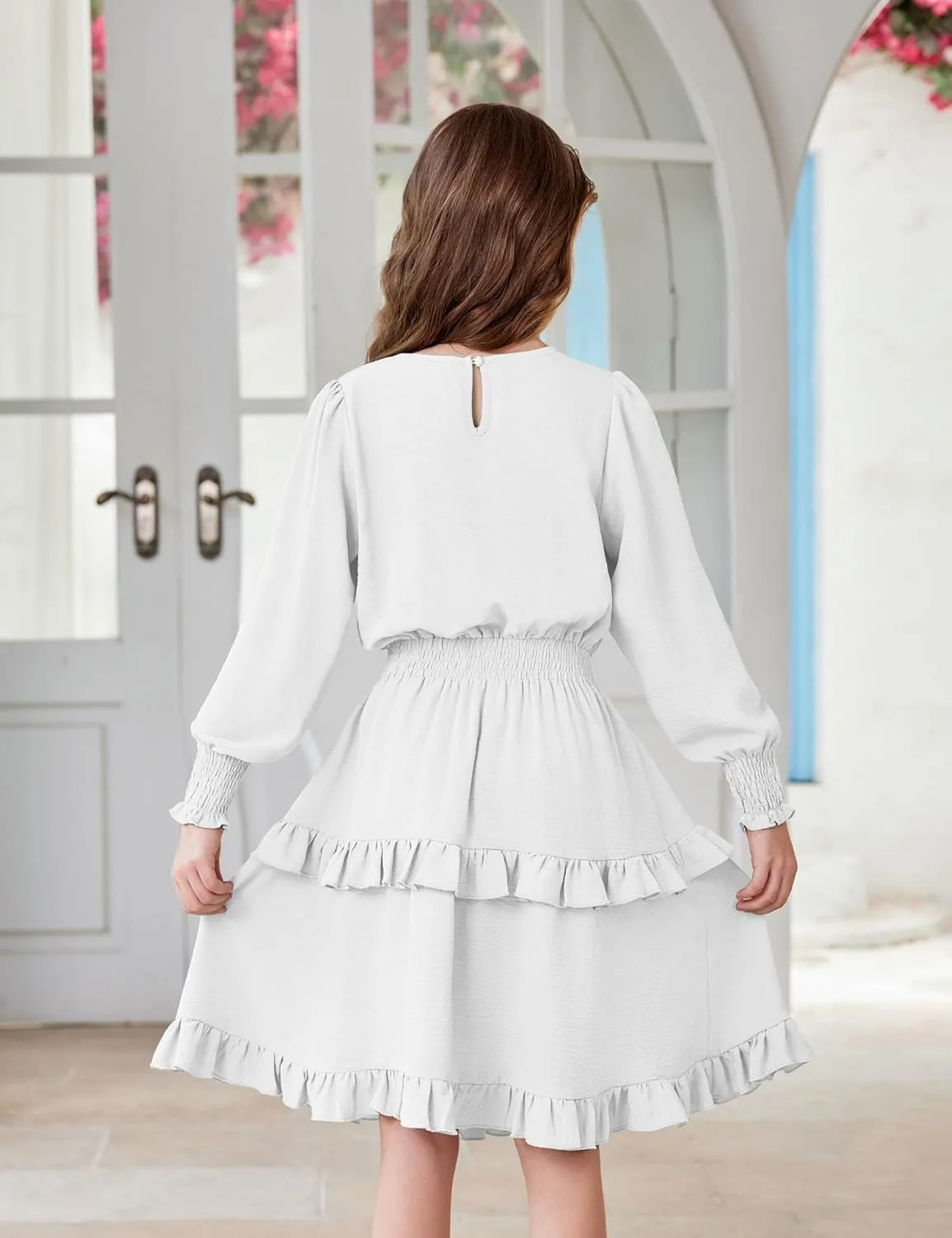 Arshiner Girls Long Sleeve Dress Boho Tiered Ruffle Hem Smocked Waist Midi Dress