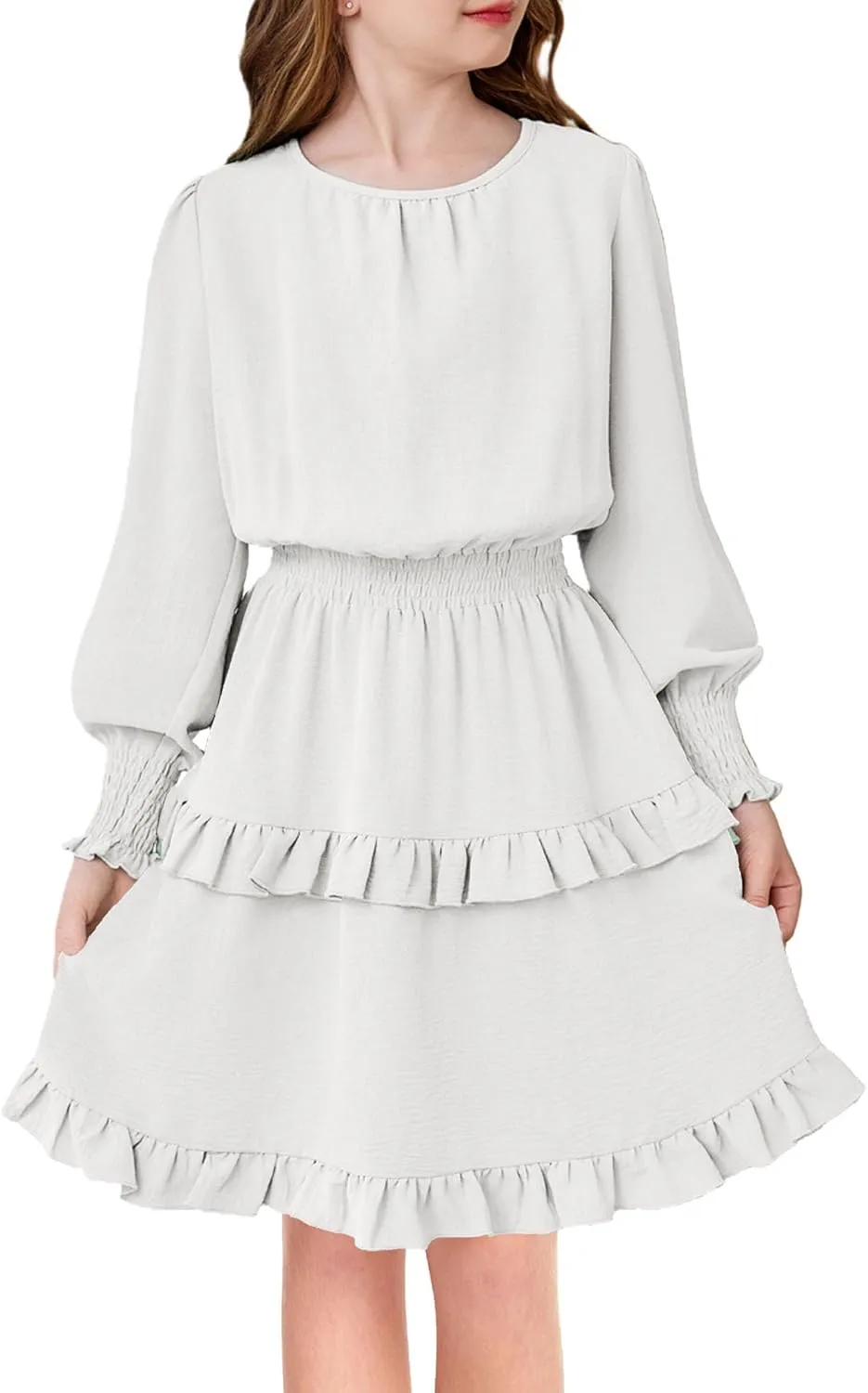 Arshiner Girls Long Sleeve Dress Boho Tiered Ruffle Hem Smocked Waist Midi Dress