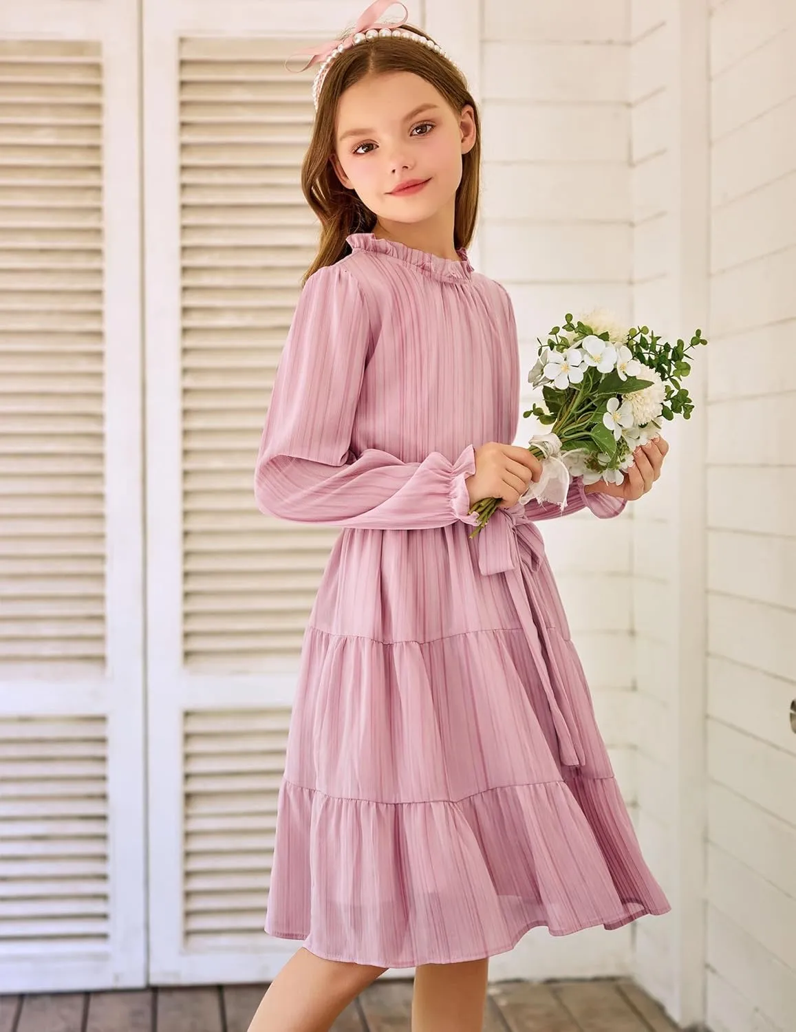 Arshiner Girls Long Sleeve Dress Party Midi Tiered Flowy Swing Dresses