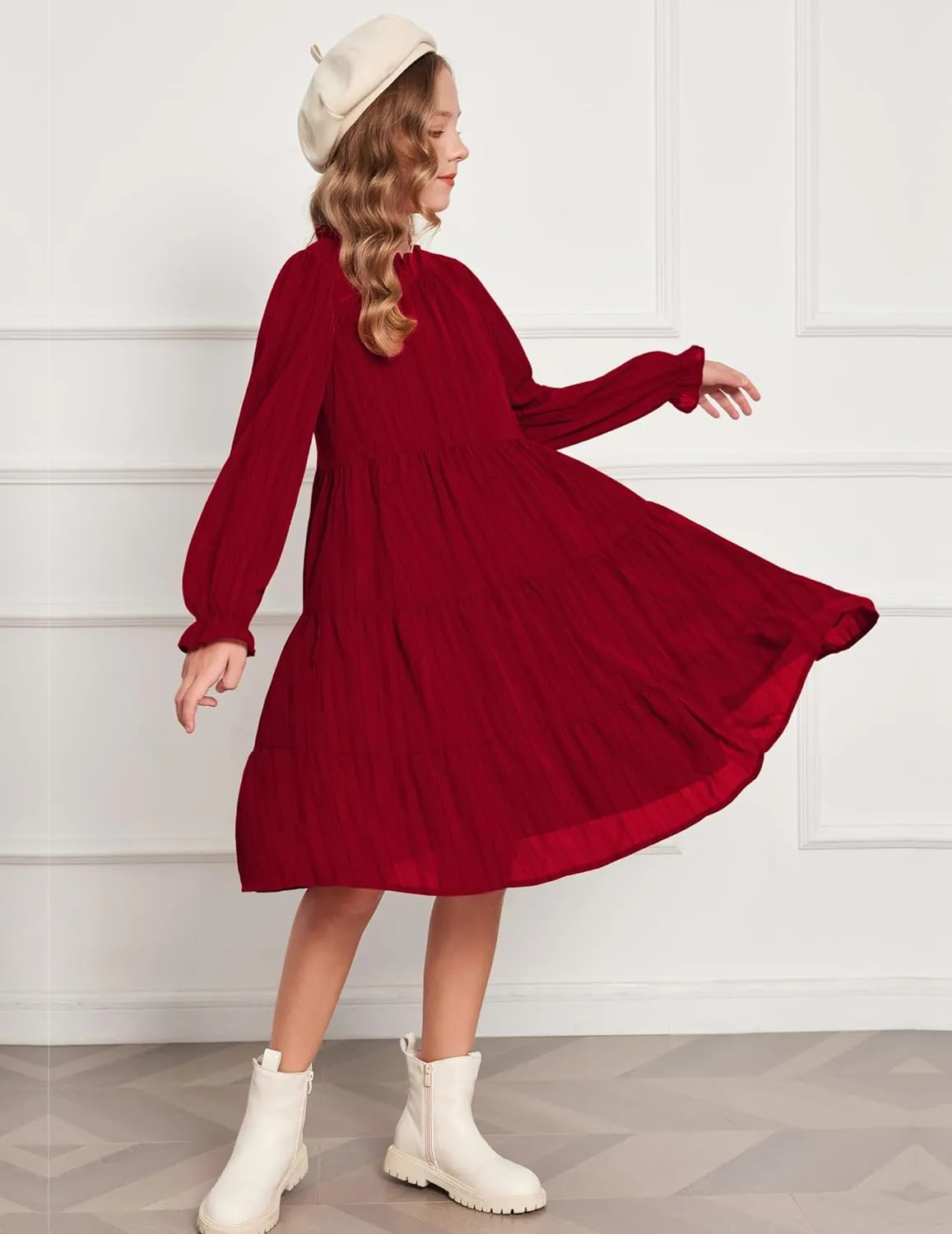 Arshiner Girls Long Sleeve Dress Party Midi Tiered Flowy Swing Dresses