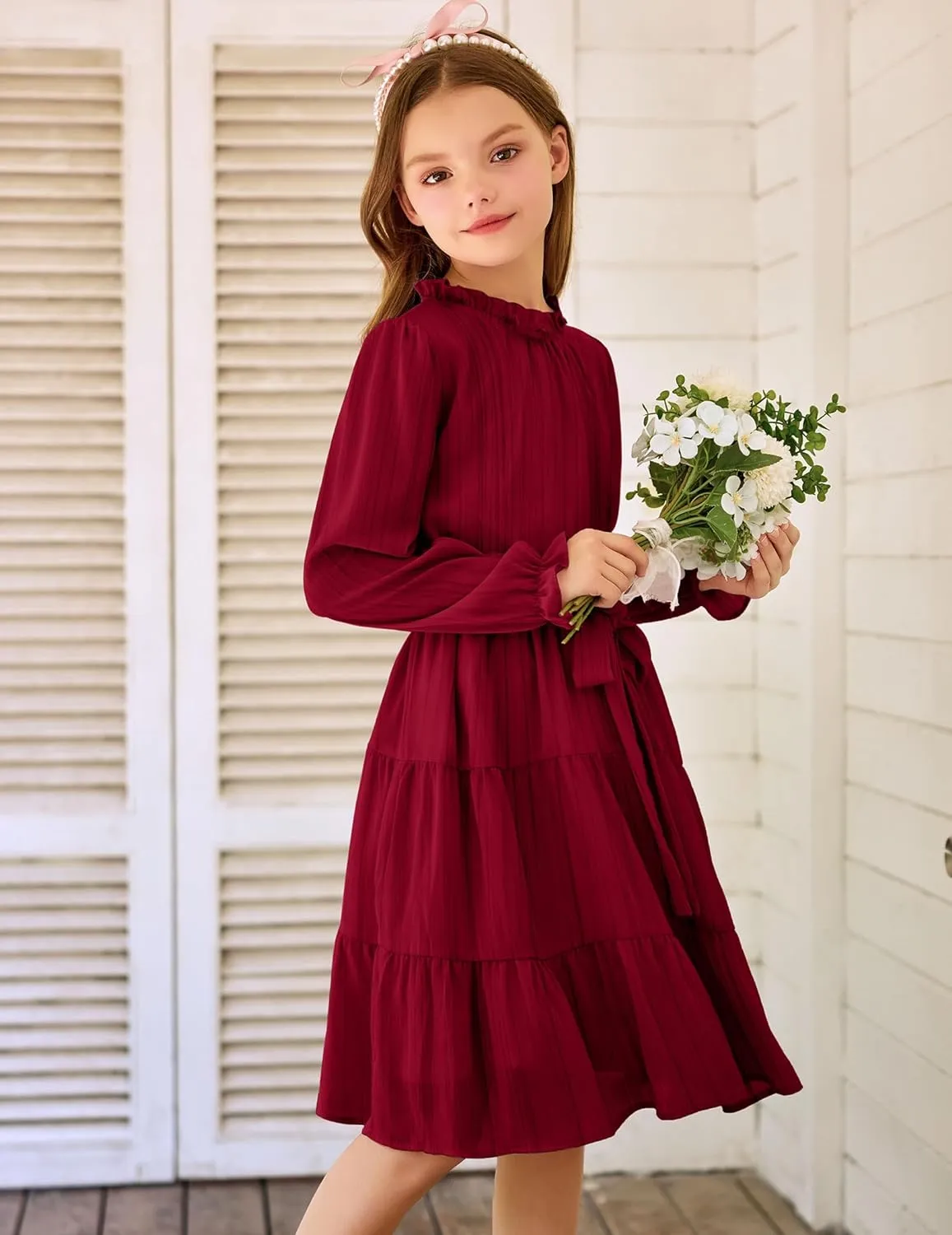 Arshiner Girls Long Sleeve Dress Party Midi Tiered Flowy Swing Dresses