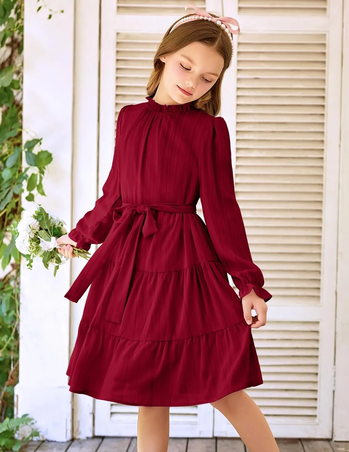 Arshiner Girls Long Sleeve Dress Party Midi Tiered Flowy Swing Dresses