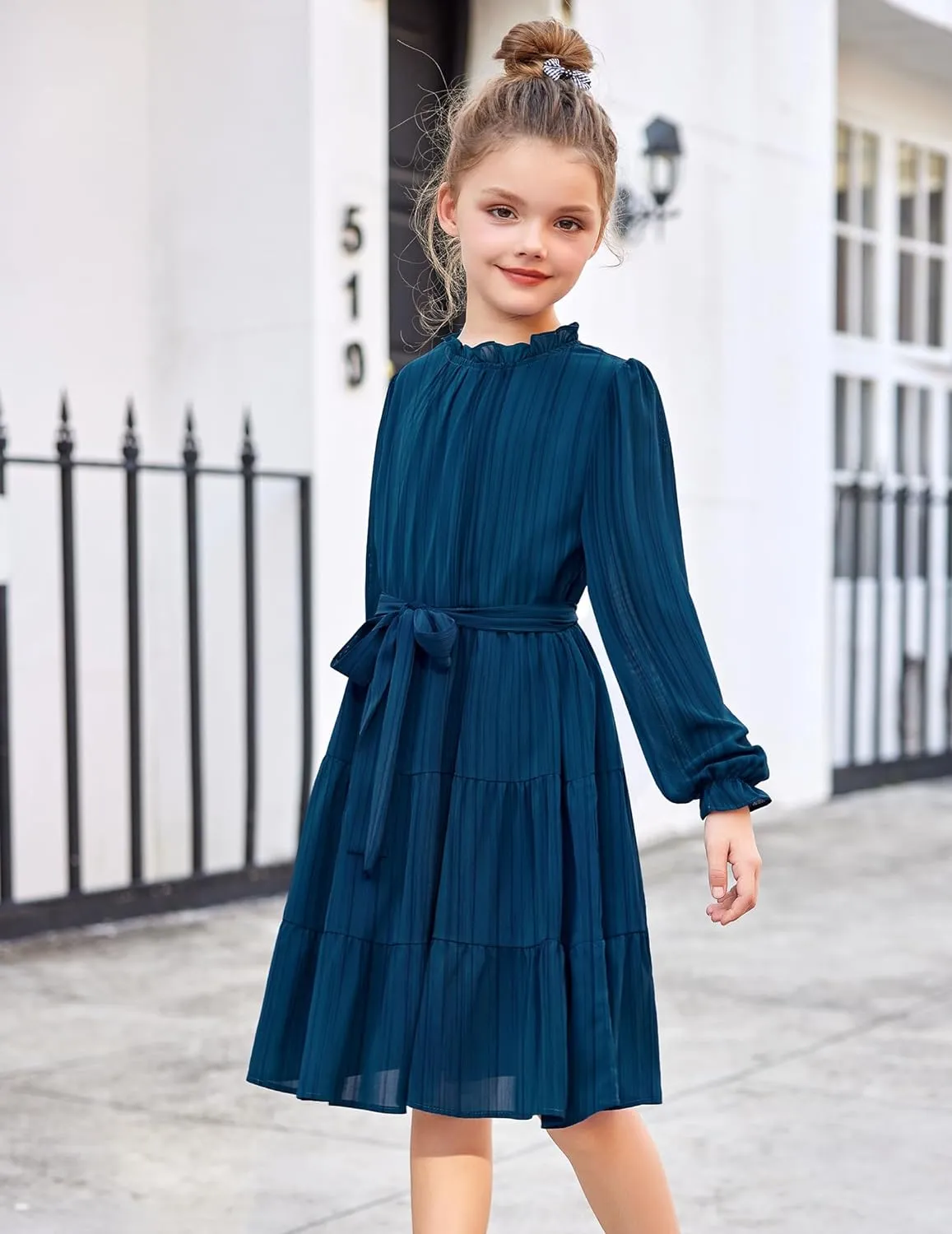Arshiner Girls Long Sleeve Dress Party Midi Tiered Flowy Swing Dresses