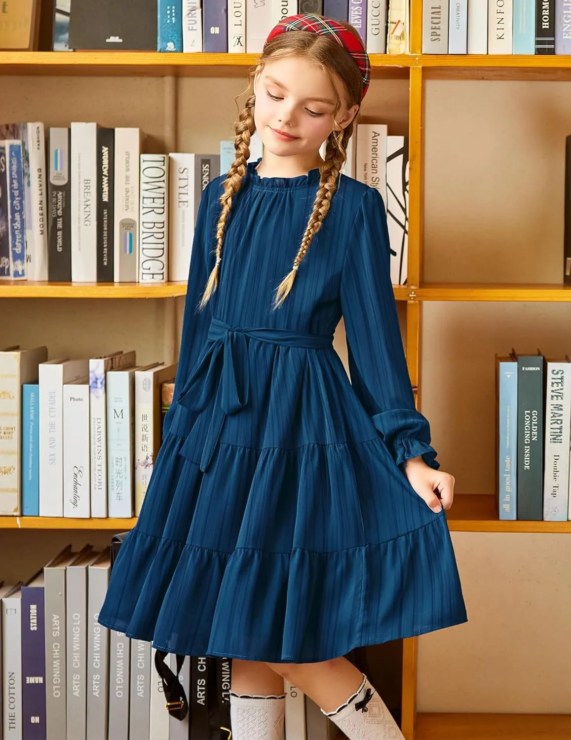 Arshiner Girls Long Sleeve Dress Party Midi Tiered Flowy Swing Dresses
