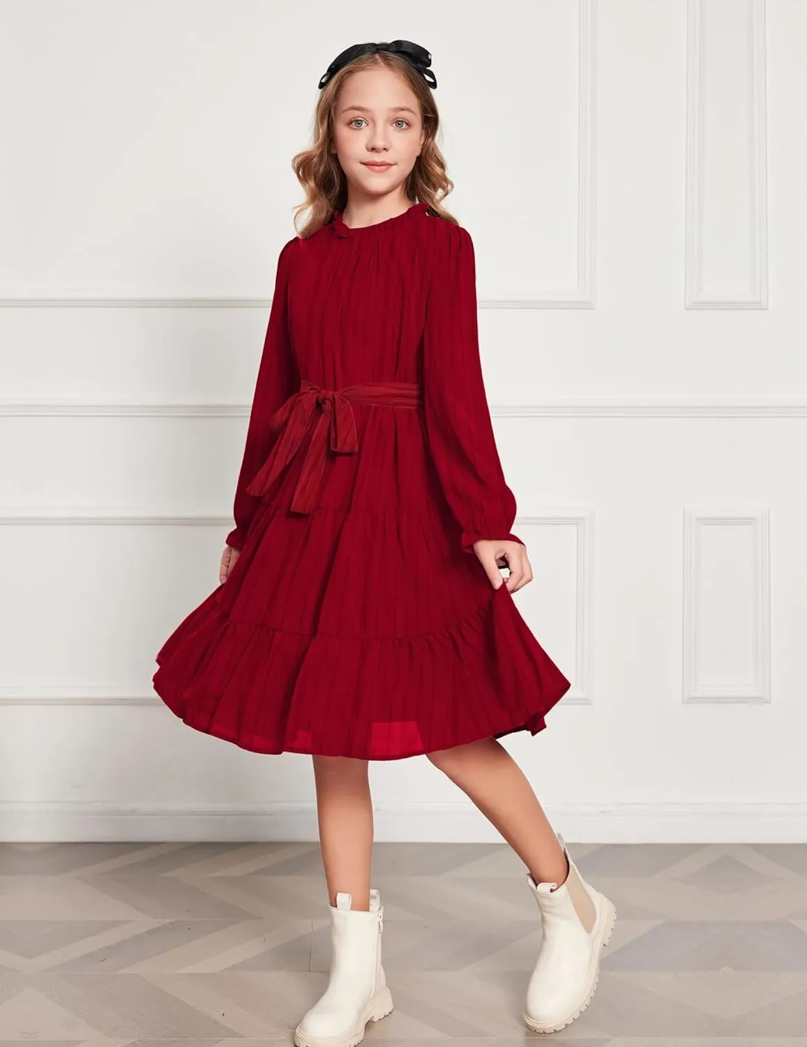 Arshiner Girls Long Sleeve Dress Party Midi Tiered Flowy Swing Dresses