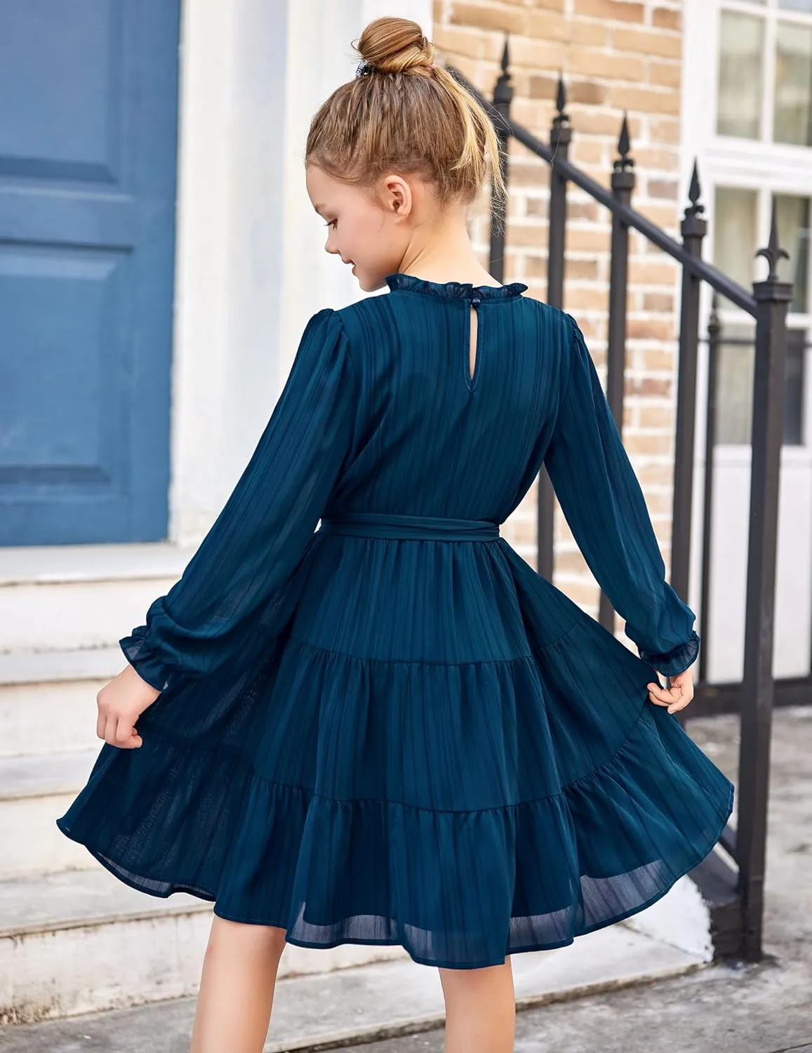 Arshiner Girls Long Sleeve Dress Party Midi Tiered Flowy Swing Dresses
