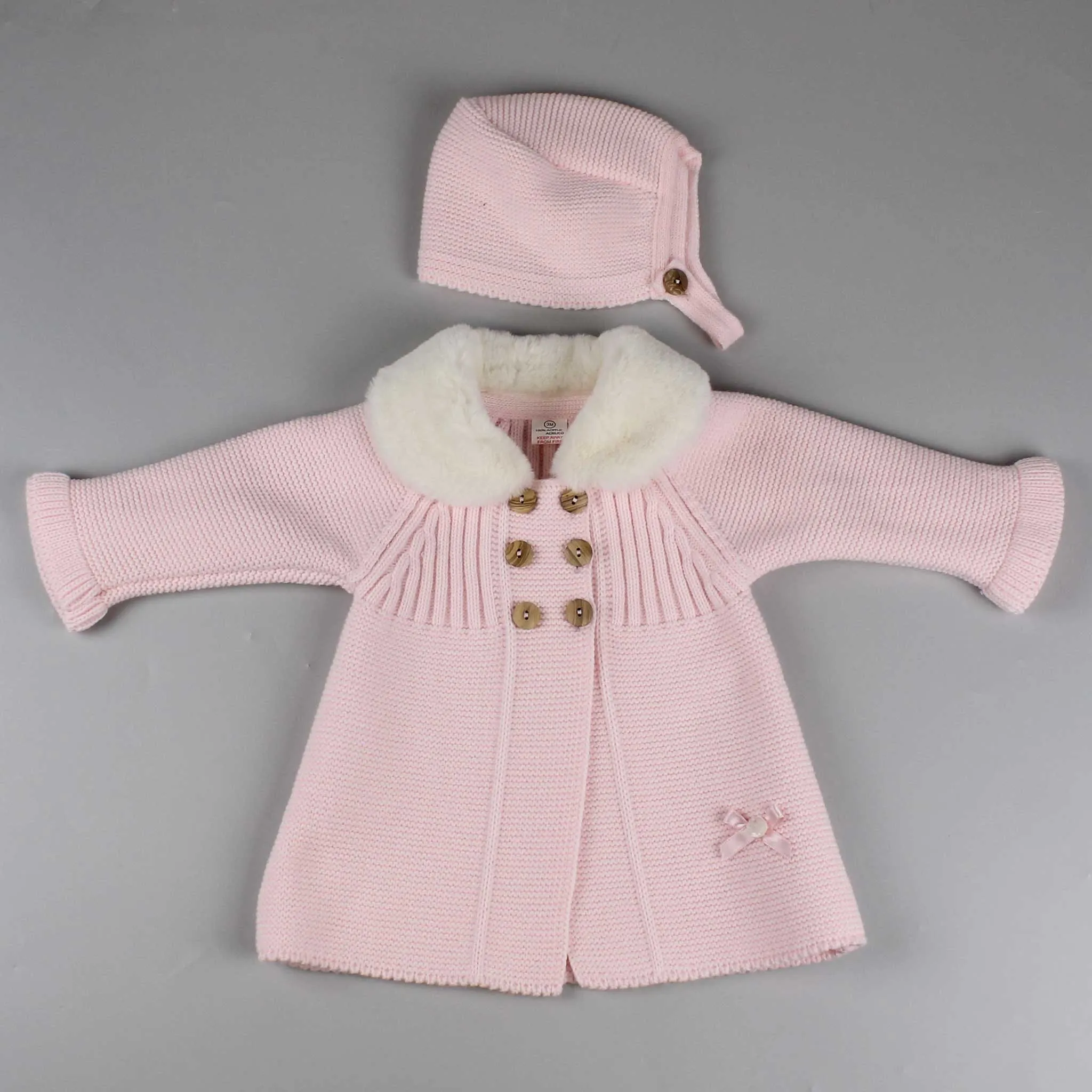 Baby Girls Pink Knitted Coat - Faux Fur Collar with Bonnet