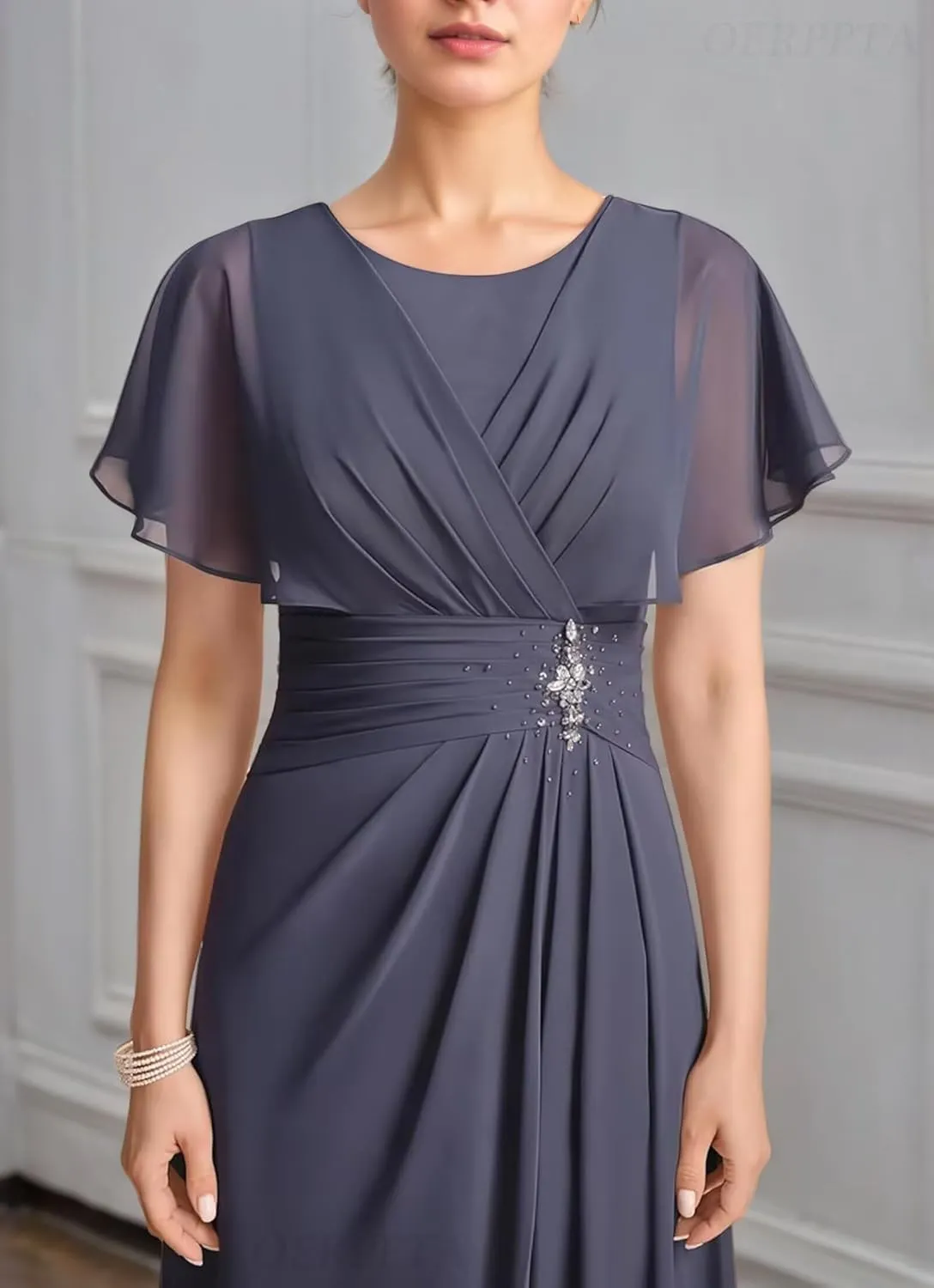 Beaded Long Mother of The Bride Dresses for Wedding Ruffle Short Sleeves Chiffon Formal Dresses for Women 2025
