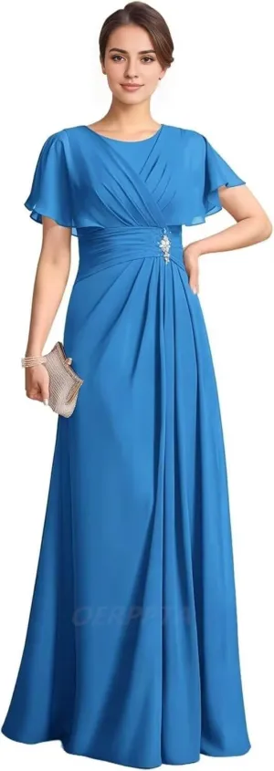 Beaded Long Mother of The Bride Dresses for Wedding Ruffle Short Sleeves Chiffon Formal Dresses for Women 2025