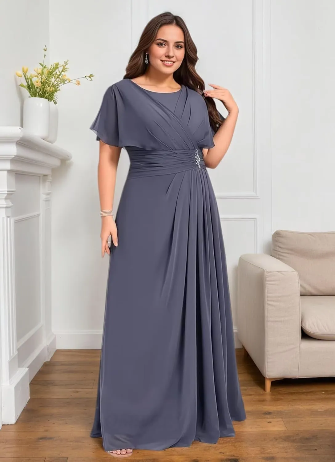 Beaded Long Mother of The Bride Dresses for Wedding Ruffle Short Sleeves Chiffon Formal Dresses for Women 2025