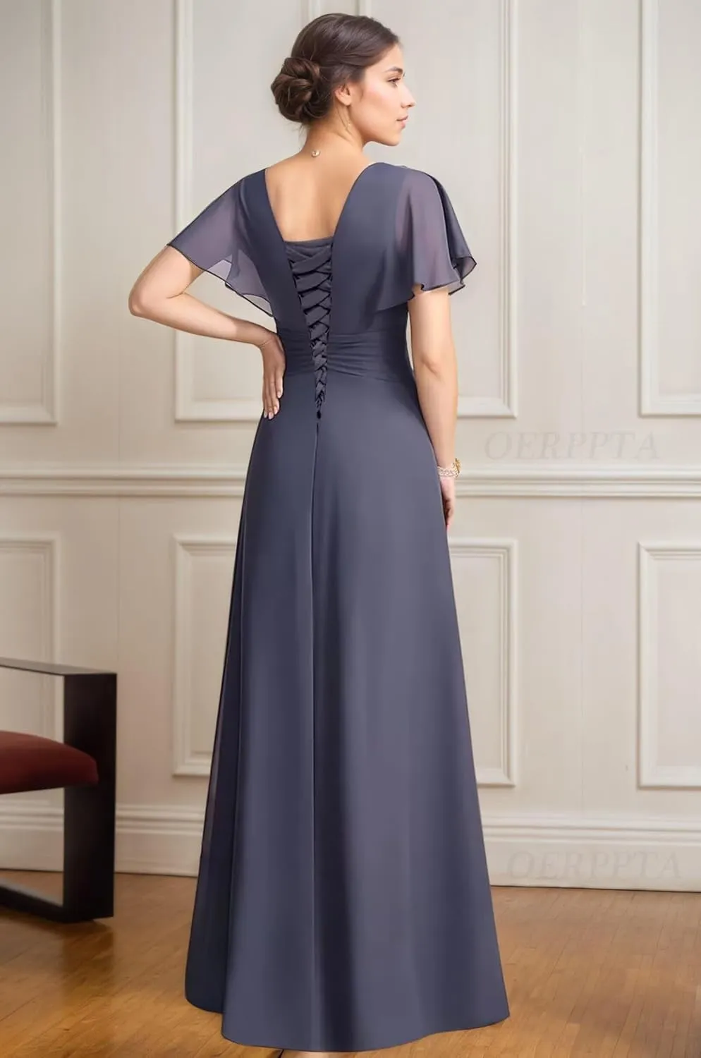 Beaded Long Mother of The Bride Dresses for Wedding Ruffle Short Sleeves Chiffon Formal Dresses for Women 2025