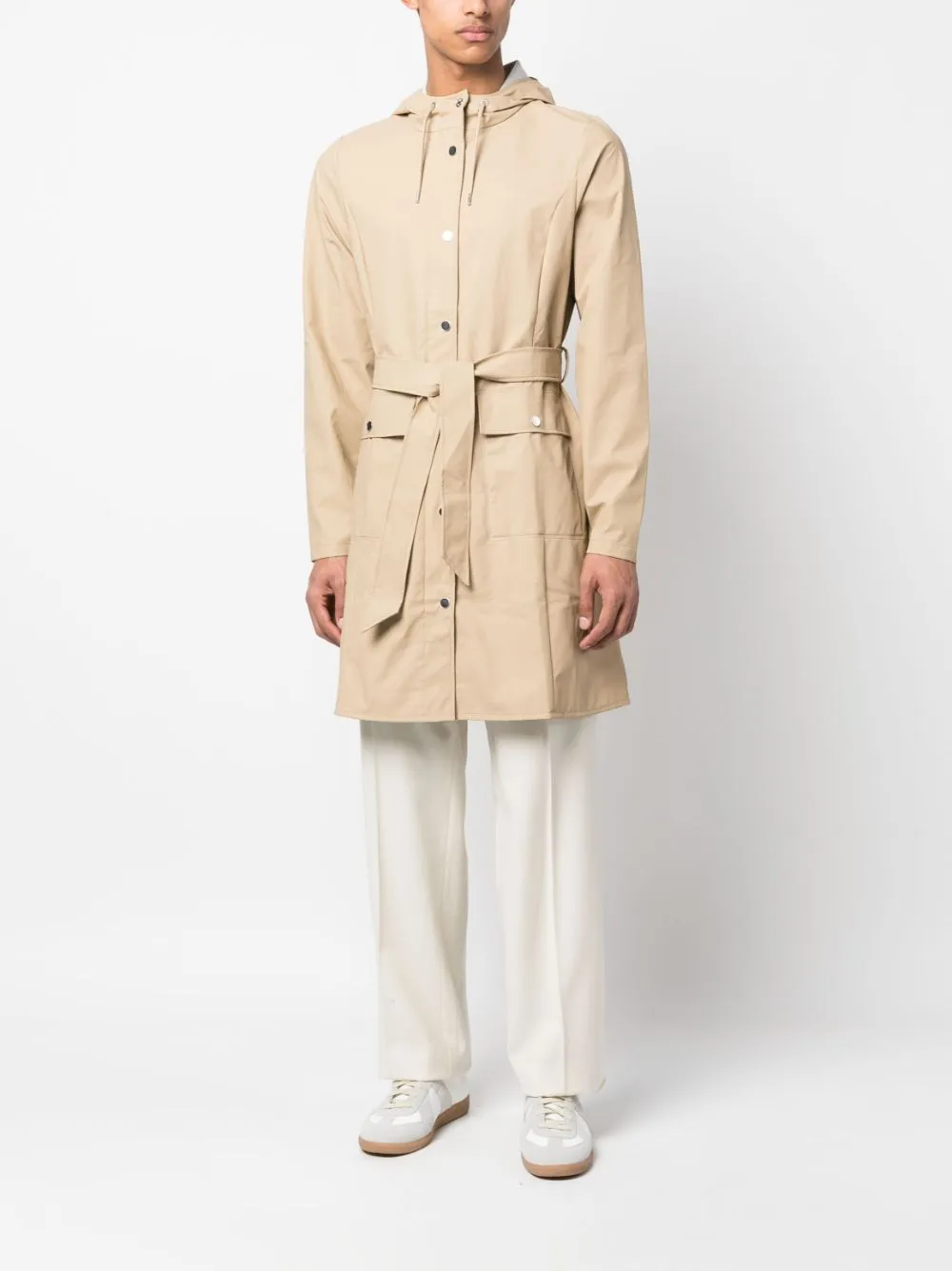 belted hooded raincoat