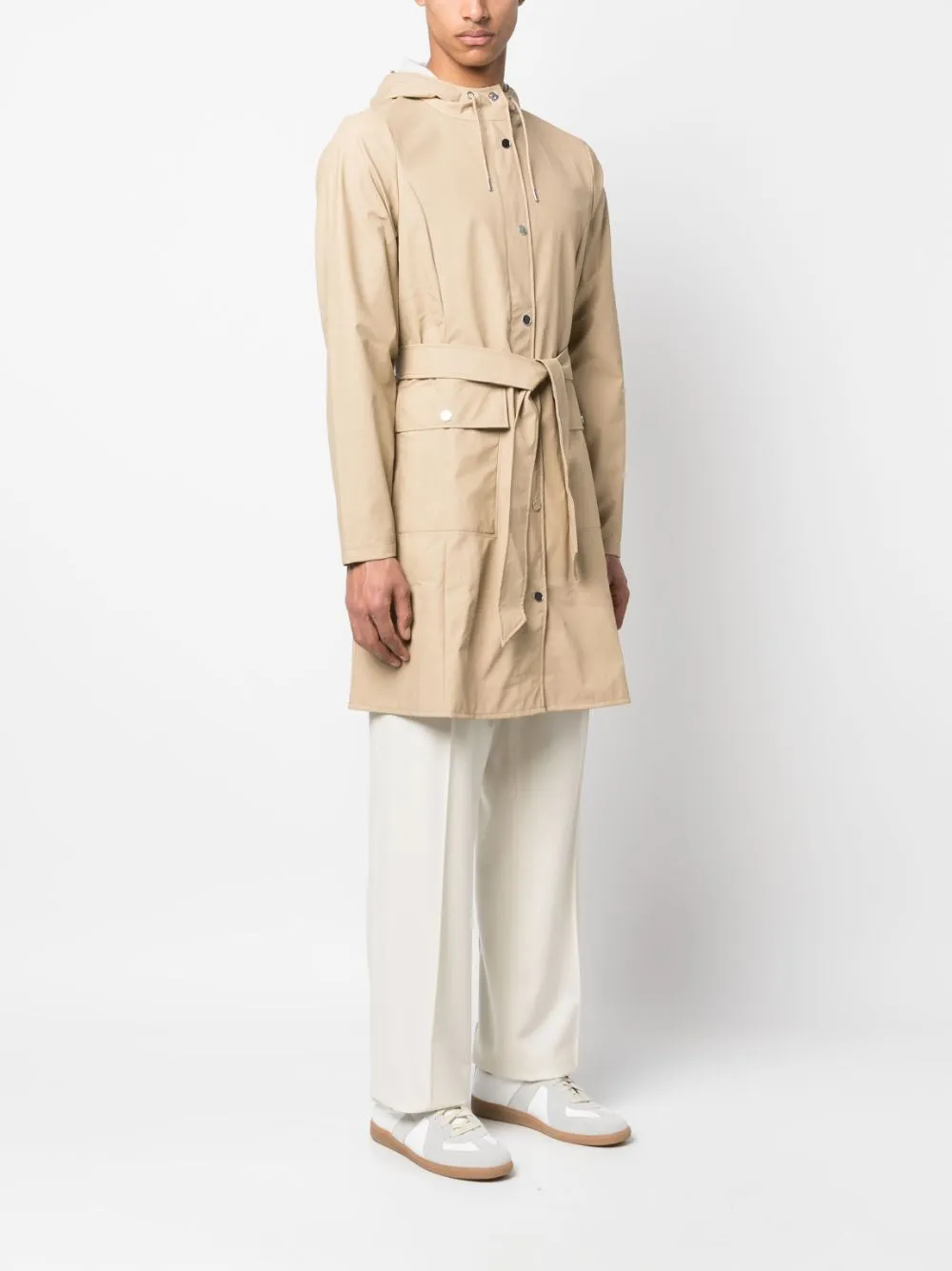 belted hooded raincoat
