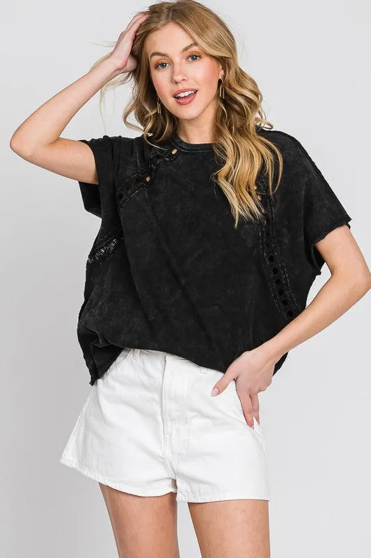 Black Mineral Wash Trim Short Sleeve Shirt