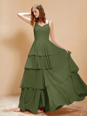 Boho V-neck Floor-length Dress Flowy Ruffles Olive Green