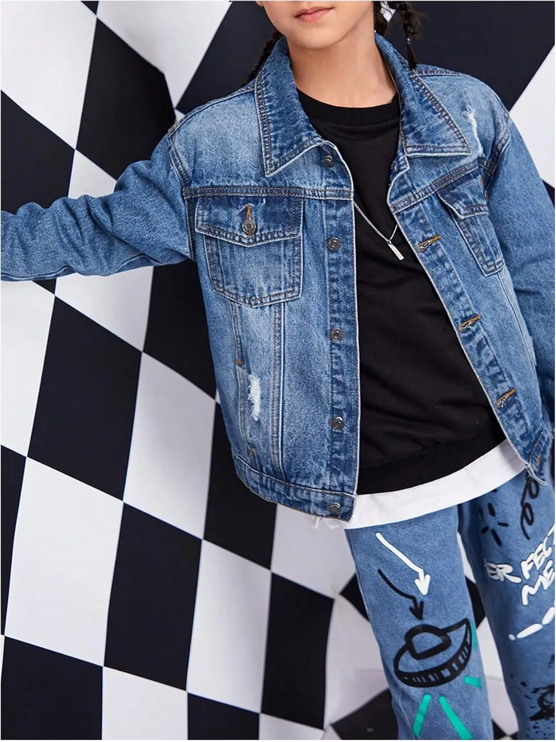 Boy's Denim Jacket Ripped Long Sleeve Button Down Jeans Jacket with Pocket