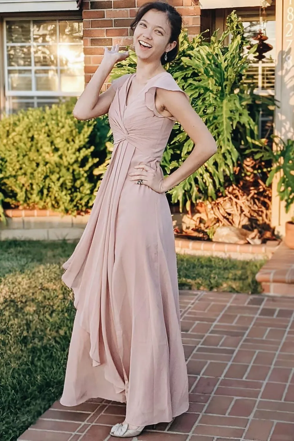 Bridesmaid Dresses for Women with Slit Long A Line Chiffon V Neck Sleeves Bridesmaid Dress for Wedding 2024