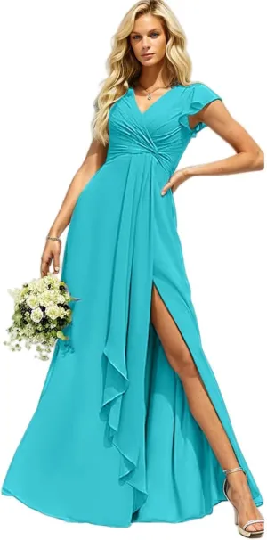 Bridesmaid Dresses for Women with Slit Long A Line Chiffon V Neck Sleeves Bridesmaid Dress for Wedding 2024