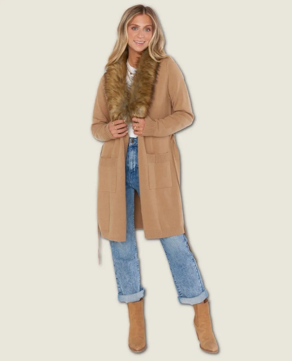 Cabin Cardi Camel Knit Faux Fur