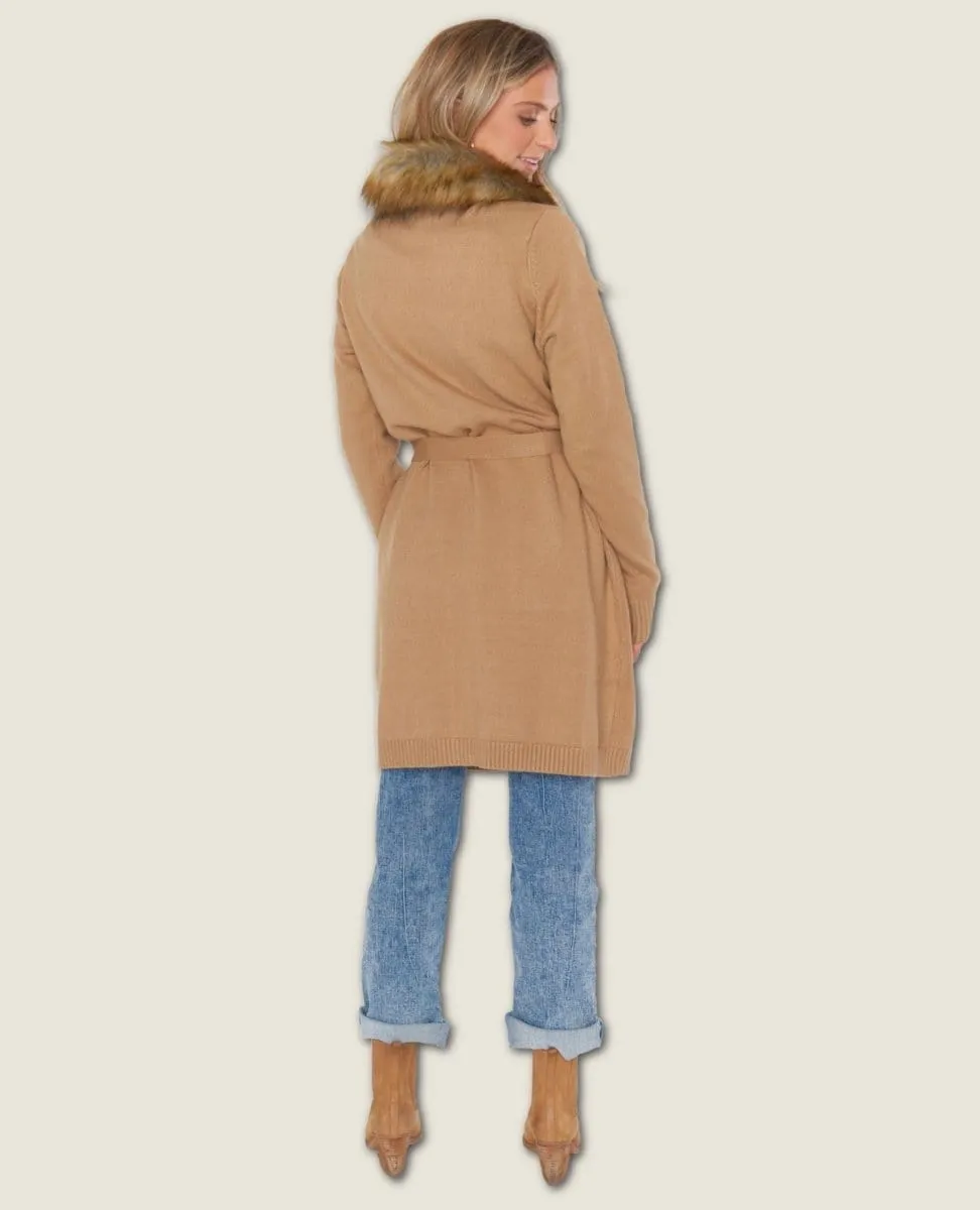 Cabin Cardi Camel Knit Faux Fur