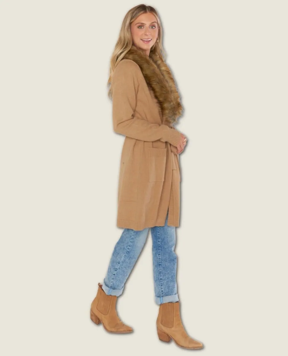 Cabin Cardi Camel Knit Faux Fur