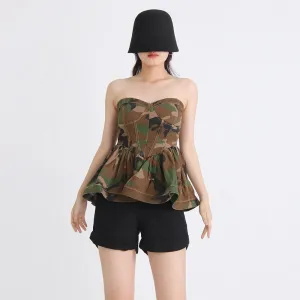 Camouflage Casual Vests For Women Starpless Sleeveless Patchwork Folds Vintage Elegant Tank Tops Female Fashion