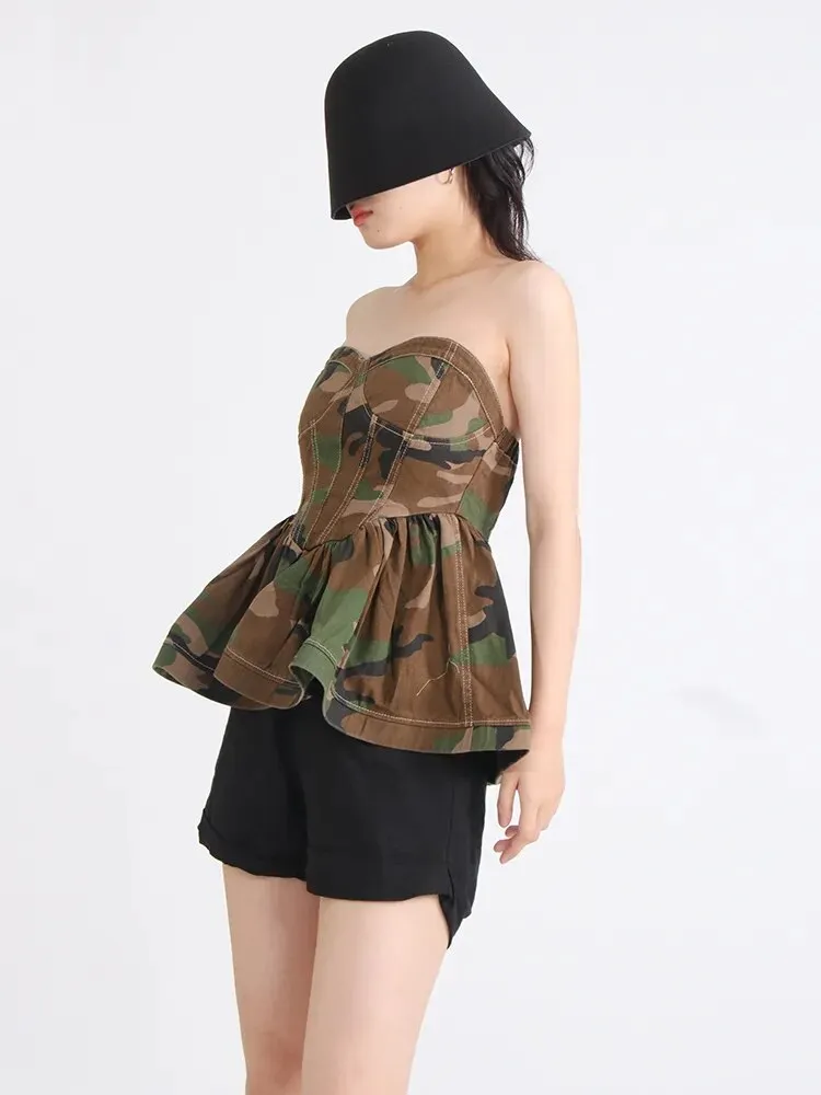 Camouflage Casual Vests For Women Starpless Sleeveless Patchwork Folds Vintage Elegant Tank Tops Female Fashion