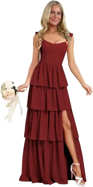 cantcauli Tiered Bridesmaid Dress for Wedding Chiffon Spaghetti Strap Ruffles Long Formal Prom Dress CT058