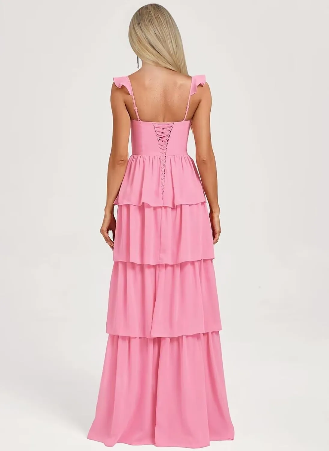 cantcauli Tiered Bridesmaid Dress for Wedding Chiffon Spaghetti Strap Ruffles Long Formal Prom Dress CT058