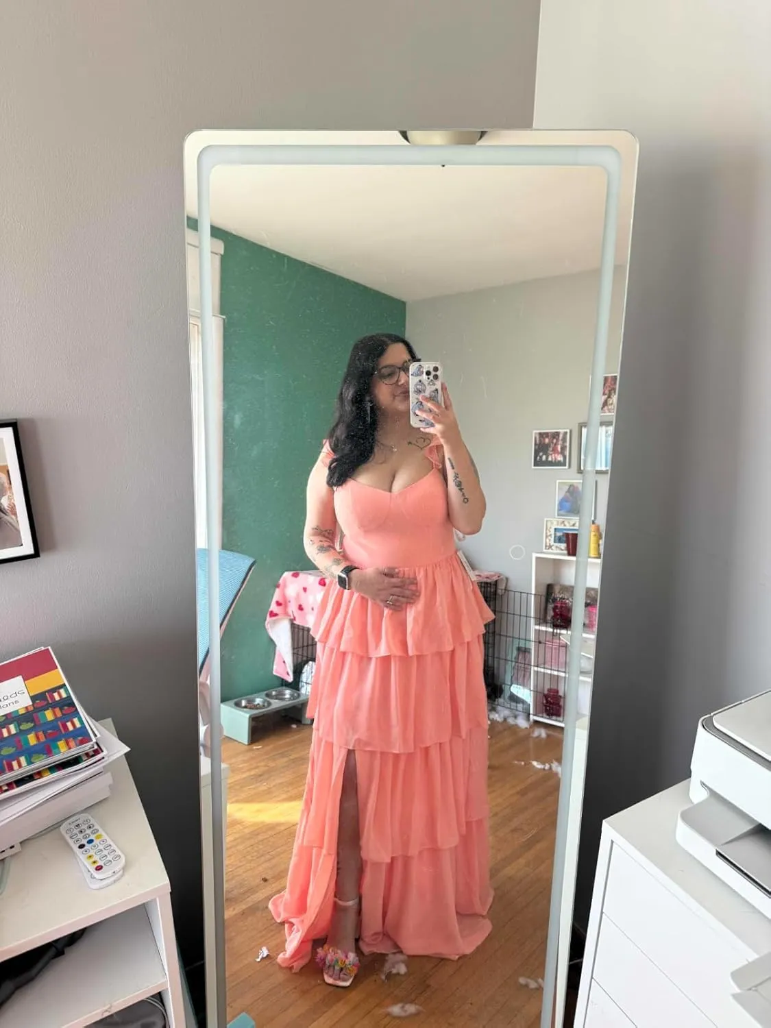 cantcauli Tiered Bridesmaid Dress for Wedding Chiffon Spaghetti Strap Ruffles Long Formal Prom Dress CT058