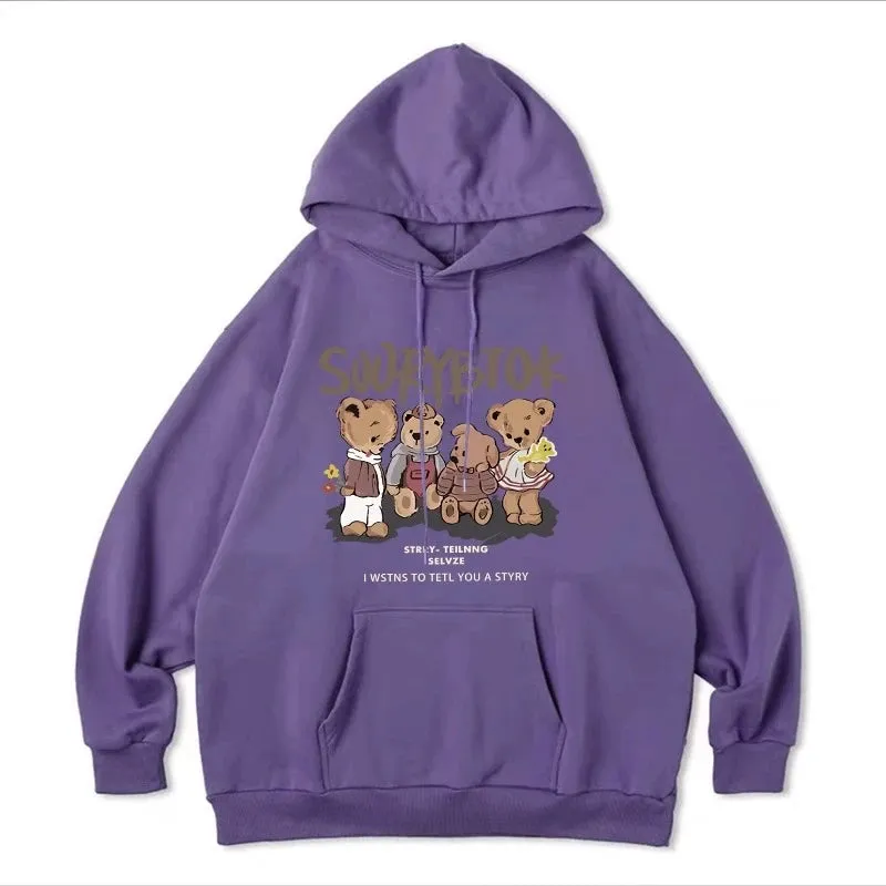 Casual Hooded Chic Drawstring Lovely Printing Female Hoodies Fashion Pocket Loose Simple Street 5-colors Women Hoodies