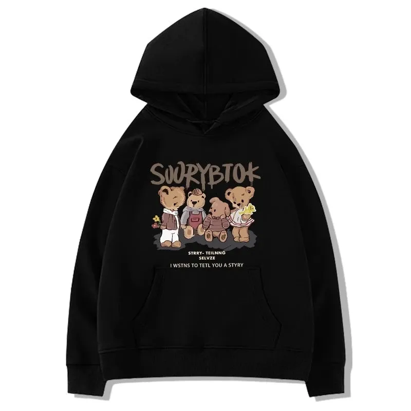 Casual Hooded Chic Drawstring Lovely Printing Female Hoodies Fashion Pocket Loose Simple Street 5-colors Women Hoodies