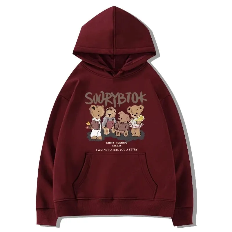 Casual Hooded Chic Drawstring Lovely Printing Female Hoodies Fashion Pocket Loose Simple Street 5-colors Women Hoodies