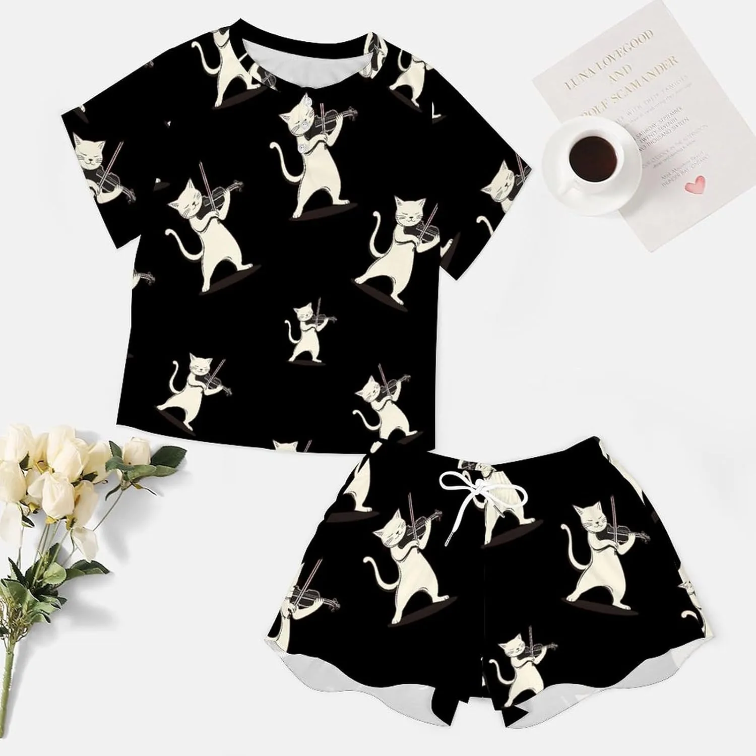Cat Playing Violin Pajamas for Women Set Button Down Loungewear Short Sleeve Pjs Lounge Set Soft Comfy 2 Piece