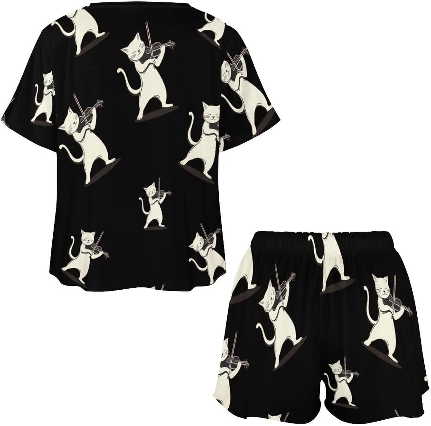 Cat Playing Violin Pajamas for Women Set Button Down Loungewear Short Sleeve Pjs Lounge Set Soft Comfy 2 Piece