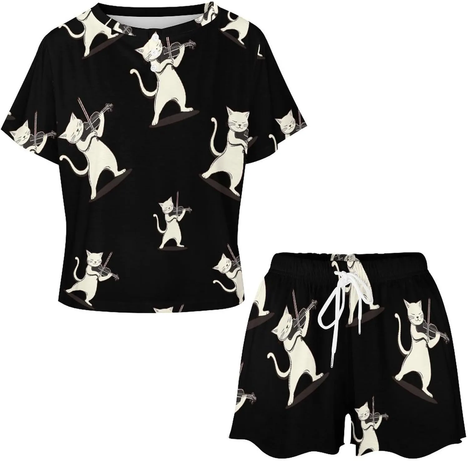 Cat Playing Violin Pajamas for Women Set Button Down Loungewear Short Sleeve Pjs Lounge Set Soft Comfy 2 Piece