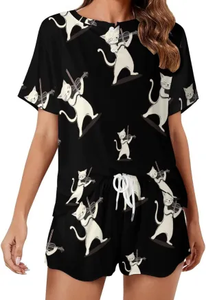 Cat Playing Violin Pajamas for Women Set Button Down Loungewear Short Sleeve Pjs Lounge Set Soft Comfy 2 Piece