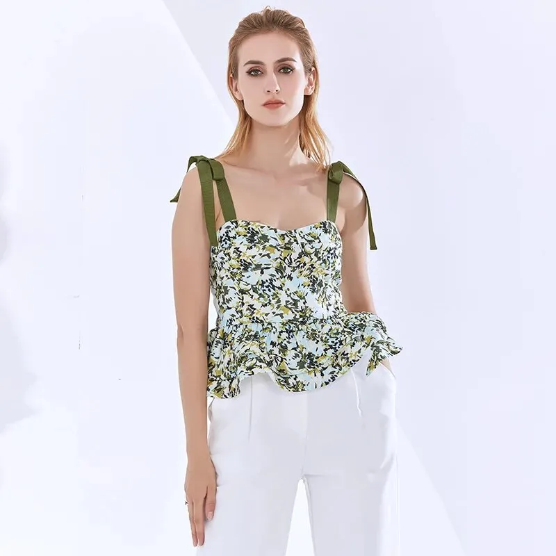 Causal Vest For Women Square Collar Spaghetti Strap Print Sleeveless Hit Color Ruffles Vests Female