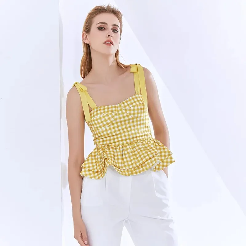 Causal Vest For Women Square Collar Spaghetti Strap Print Sleeveless Hit Color Ruffles Vests Female